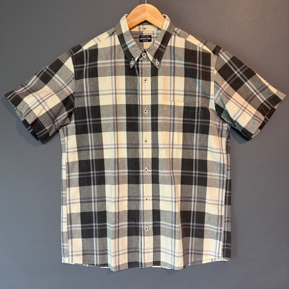 Sugar Cane Plaid Short Sleeve Button Down Shirt Black White Grey Mens M Toyo